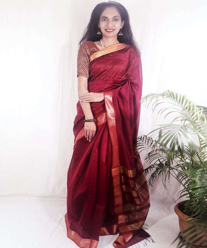 Dark magenta handwoven silk maheshwari saree