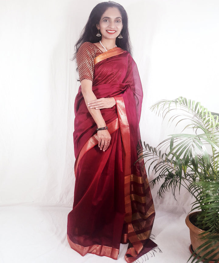Dark magenta handwoven silk maheshwari saree