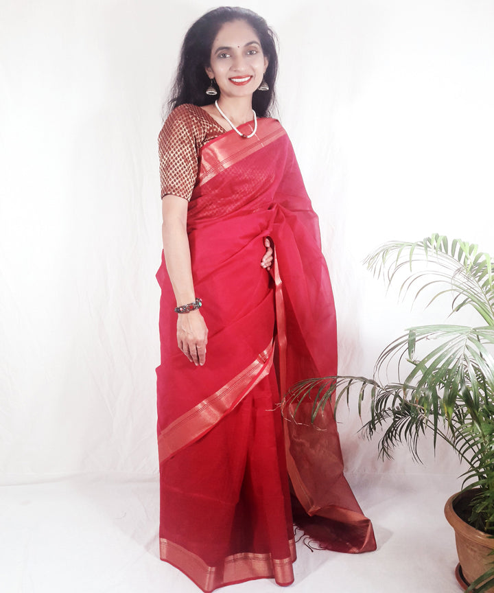 Red orange handwoven silk maheshwari saree