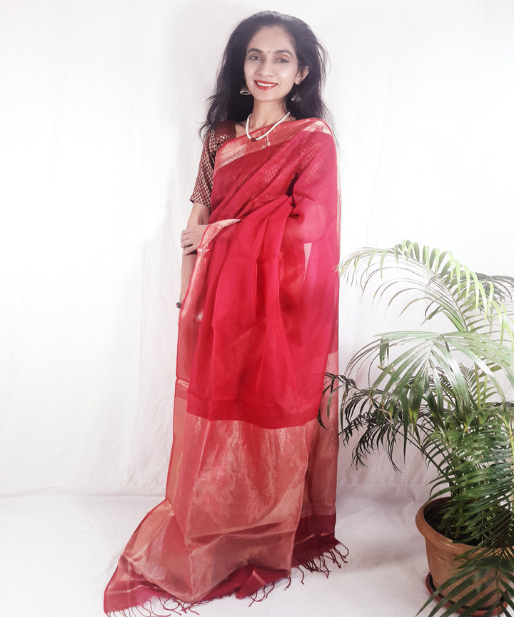 Red orange handwoven silk maheshwari saree