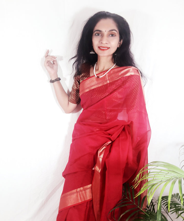 Red orange handwoven silk maheshwari saree