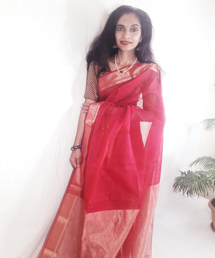 Red orange handwoven silk maheshwari saree