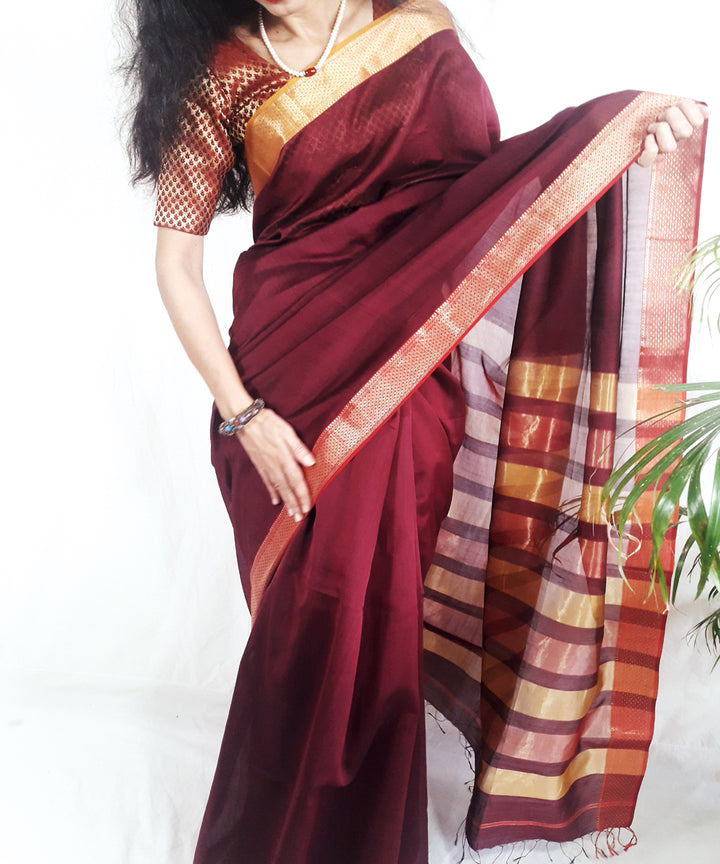 Dark burgundy purple handwoven silk maheshwari saree