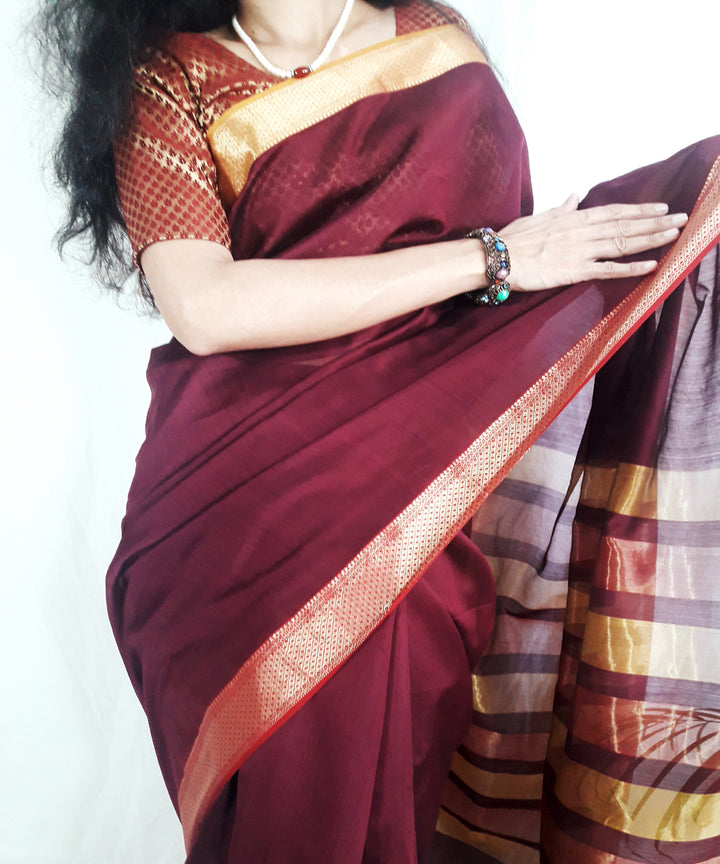 Dark burgundy purple handwoven silk maheshwari saree