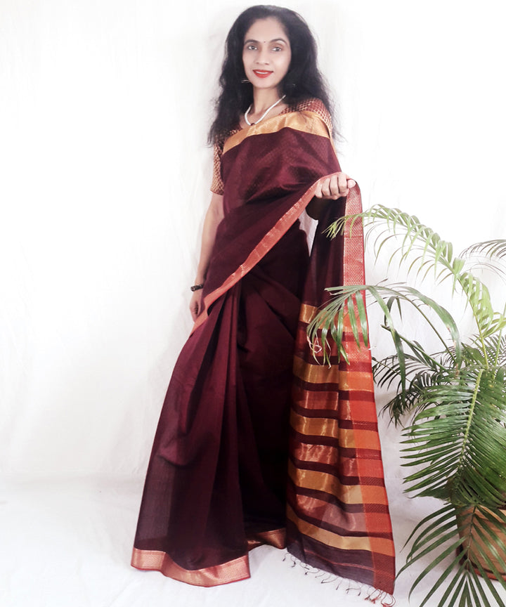 Dark burgundy purple handwoven silk maheshwari saree