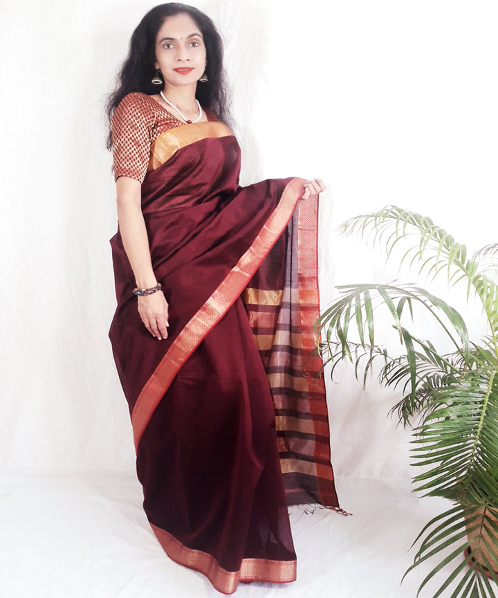 Dark burgundy purple handwoven silk maheshwari saree