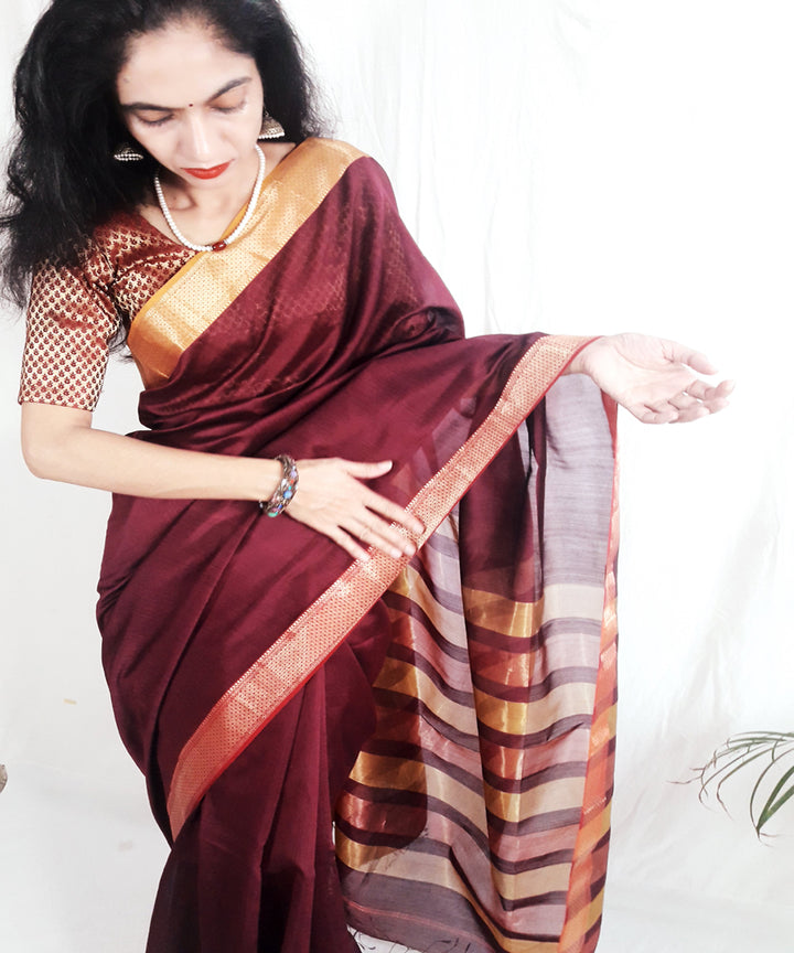 Dark burgundy purple handwoven silk maheshwari saree