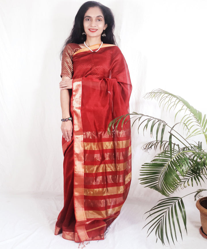 Red handwoven silk maheshwari saree