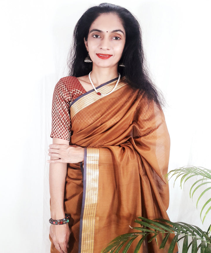 Brown handwoven silk maheshwari saree