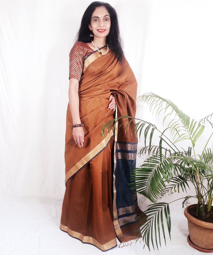 Brown handwoven silk maheshwari saree