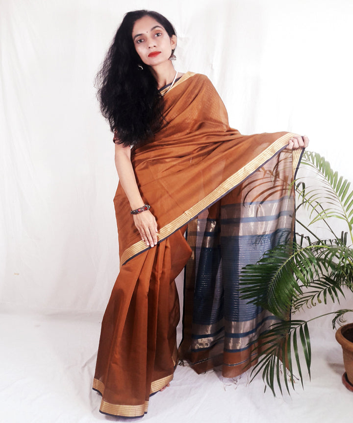 Brown handwoven silk maheshwari saree