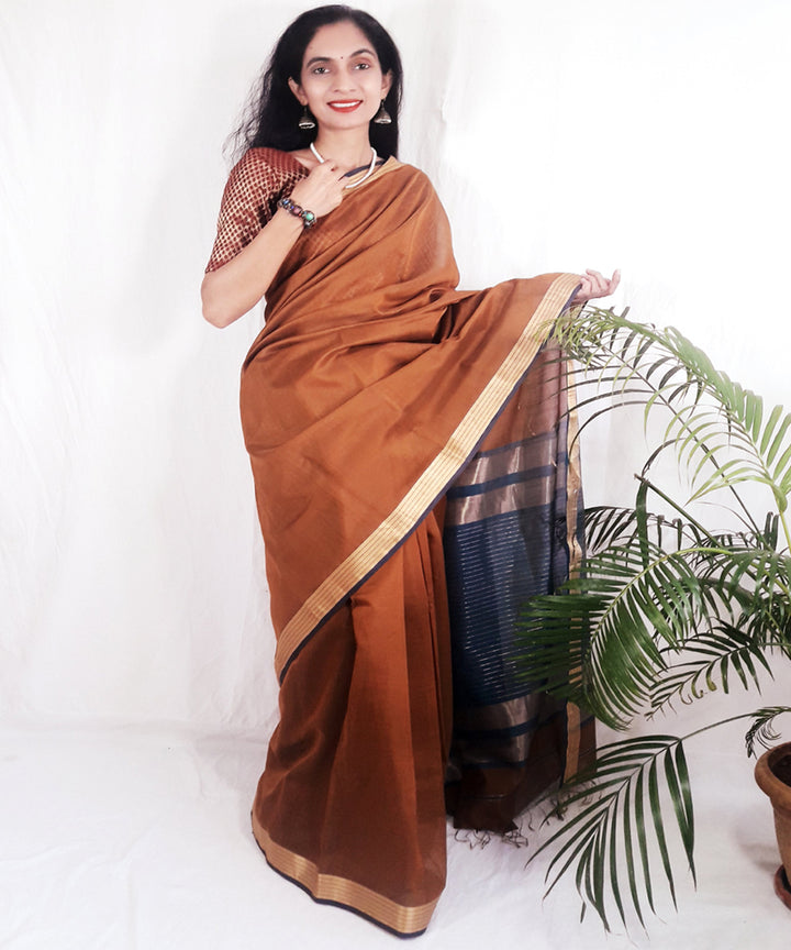 Brown handwoven silk maheshwari saree