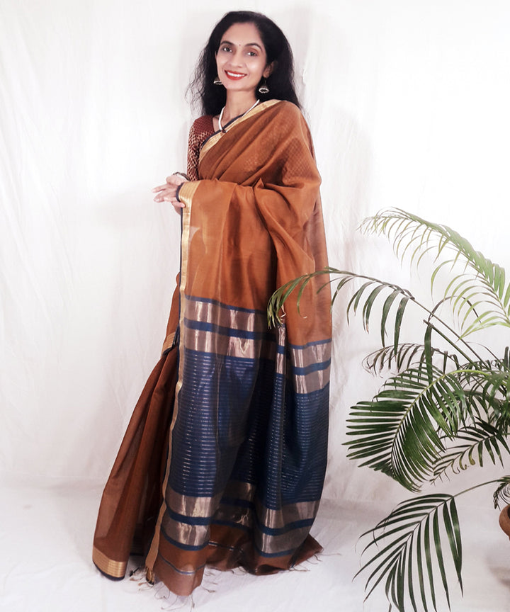 Brown handwoven silk maheshwari saree
