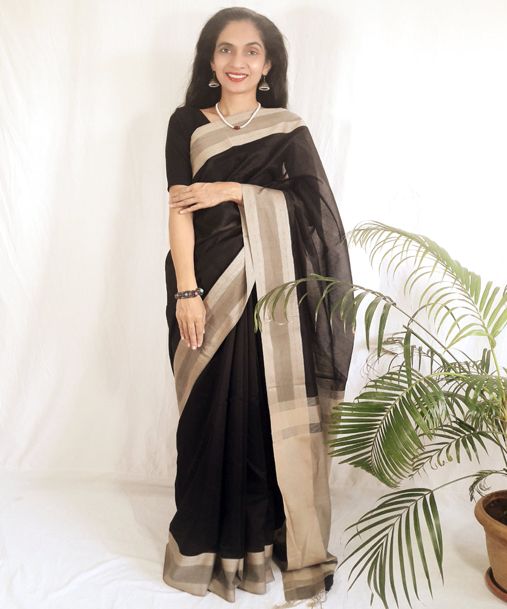 Black handwoven silk maheshwari saree