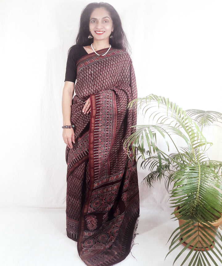 Dark onion purple block print silk ajrakh saree