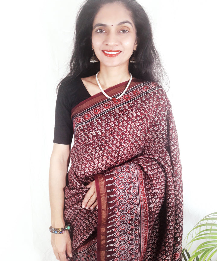 Dark onion purple block print silk ajrakh saree