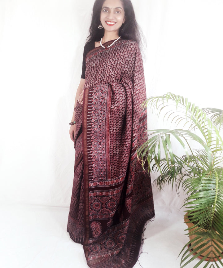 Dark onion purple block print silk ajrakh saree