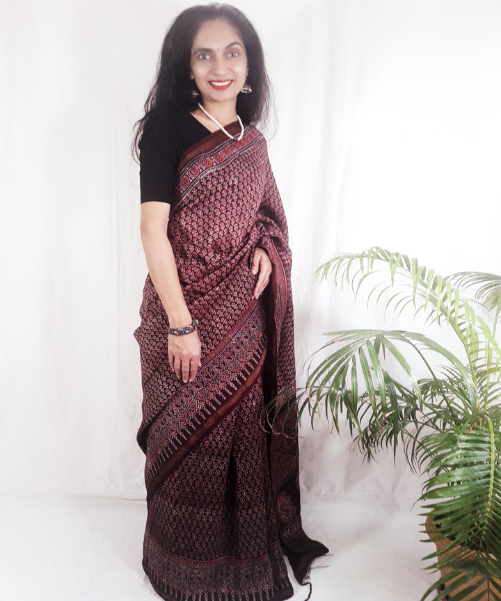 Dark onion purple block print silk ajrakh saree