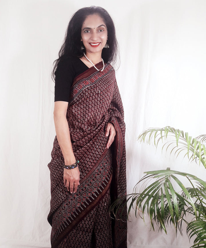 Dark onion purple block print silk ajrakh saree