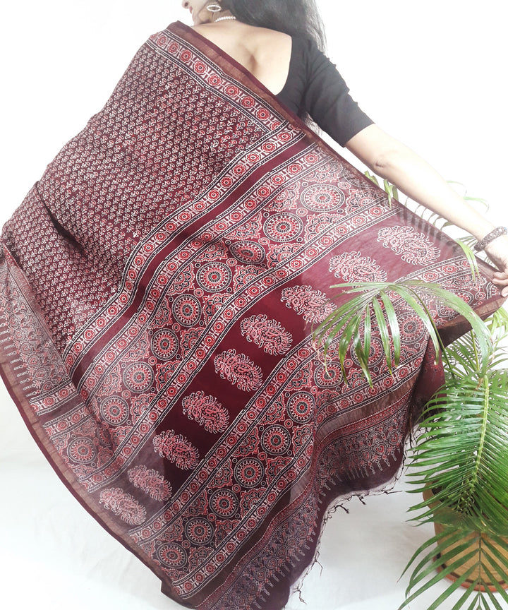 Dark onion purple block print silk ajrakh saree