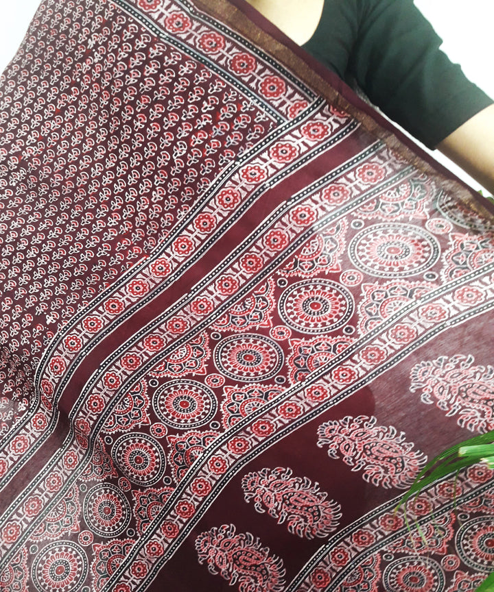 Dark onion purple block print silk ajrakh saree