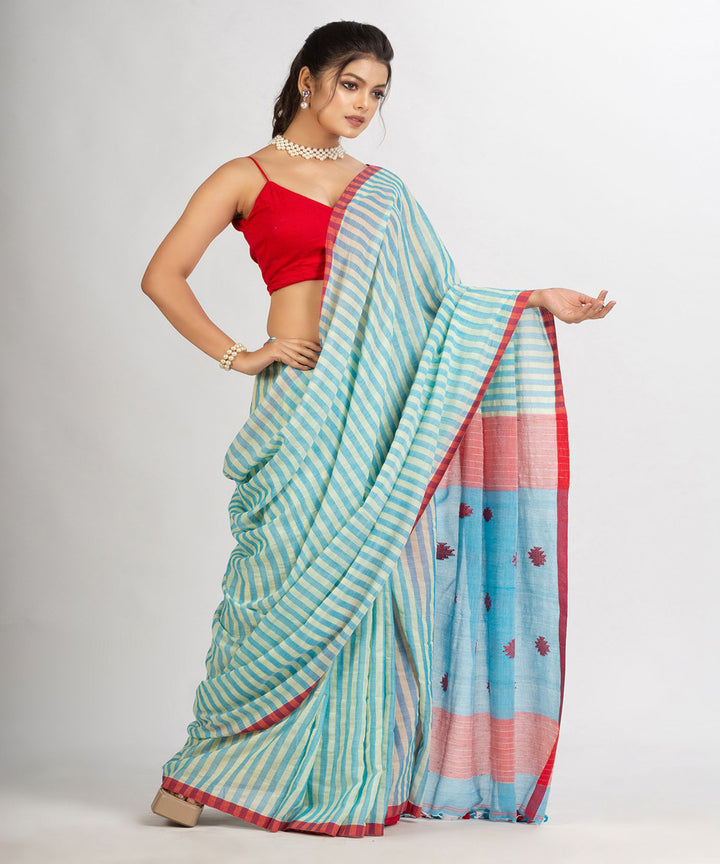 Pale blue striped handwoven cotton stripes bengal saree
