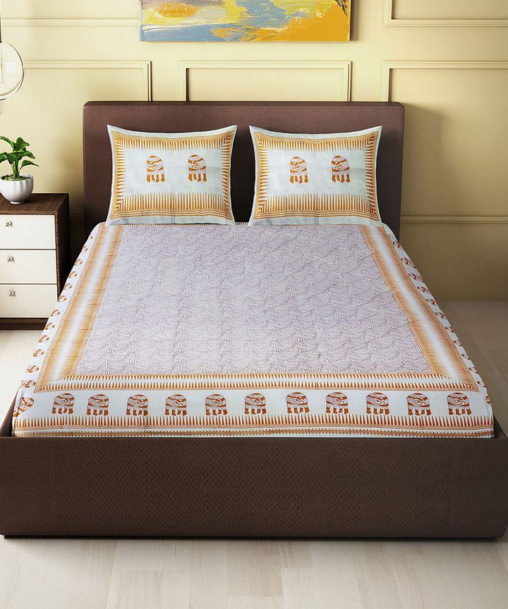 White orange hand block printed king size cotton double bedsheet