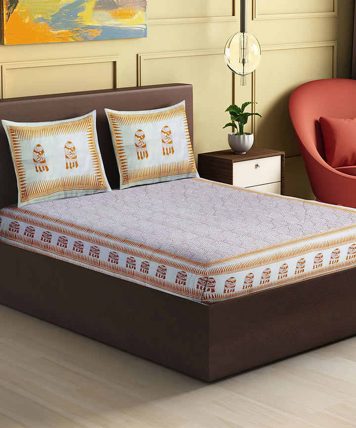 White orange hand block printed king size cotton double bedsheet