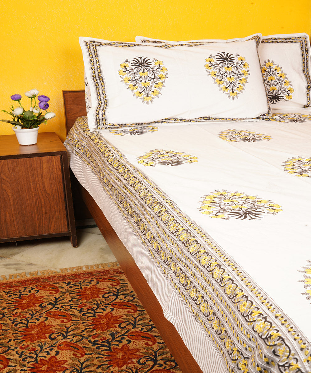 White yellow cotton hand block printed double bedsheet
