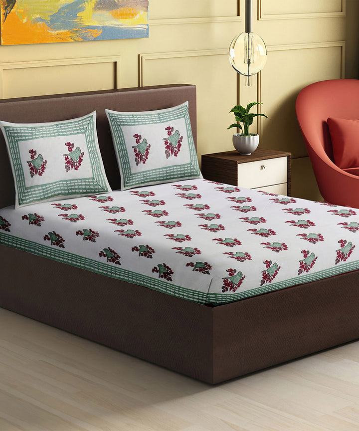 White brown block printed king size cotton double bedsheet