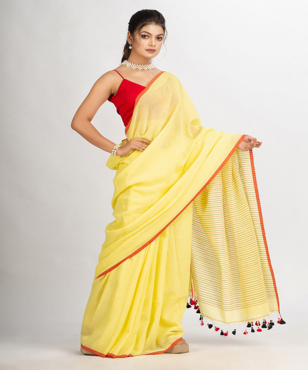 Yellow handloom cotton stripes bengal saree