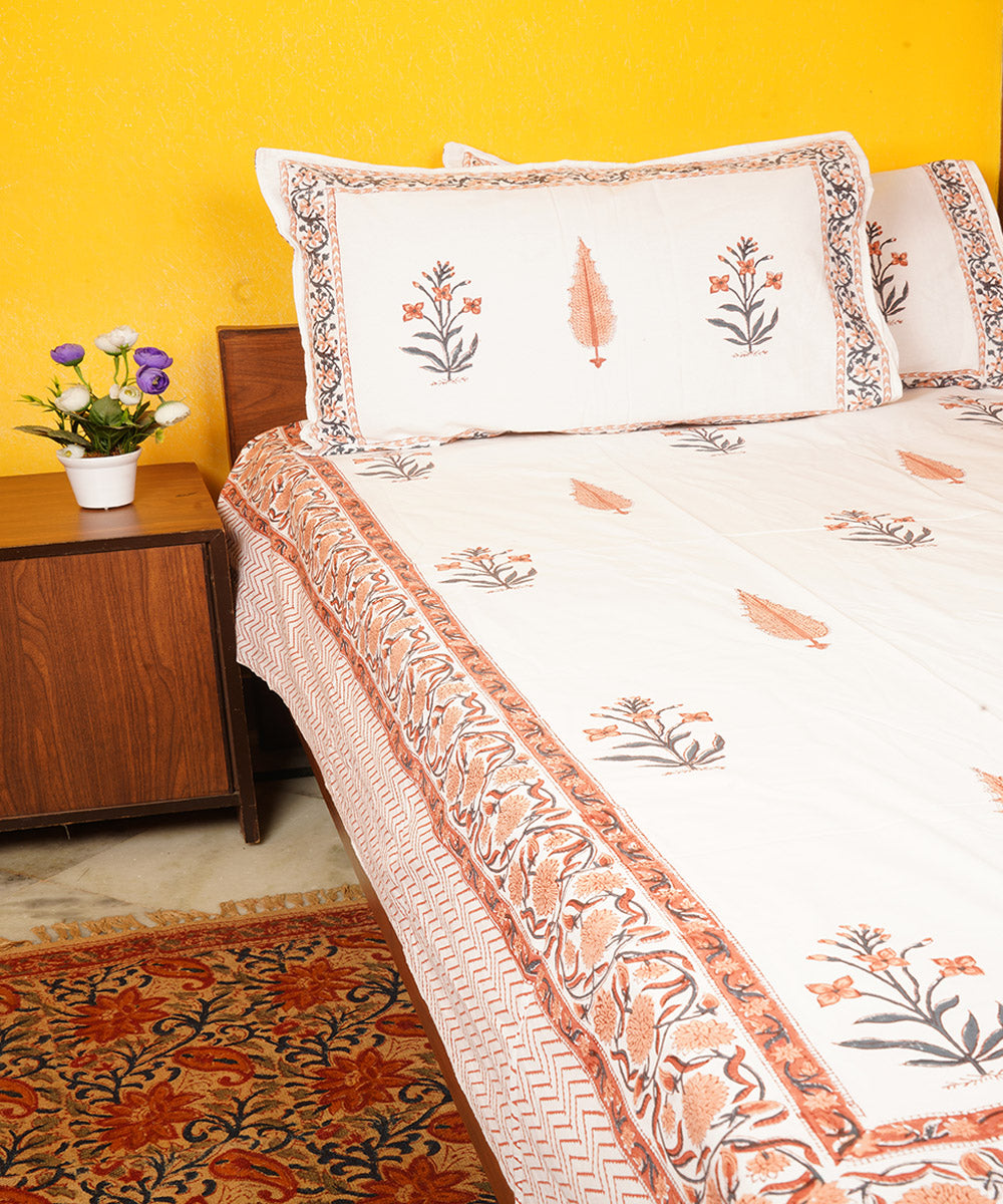 White brown cotton hand printed double bedsheet