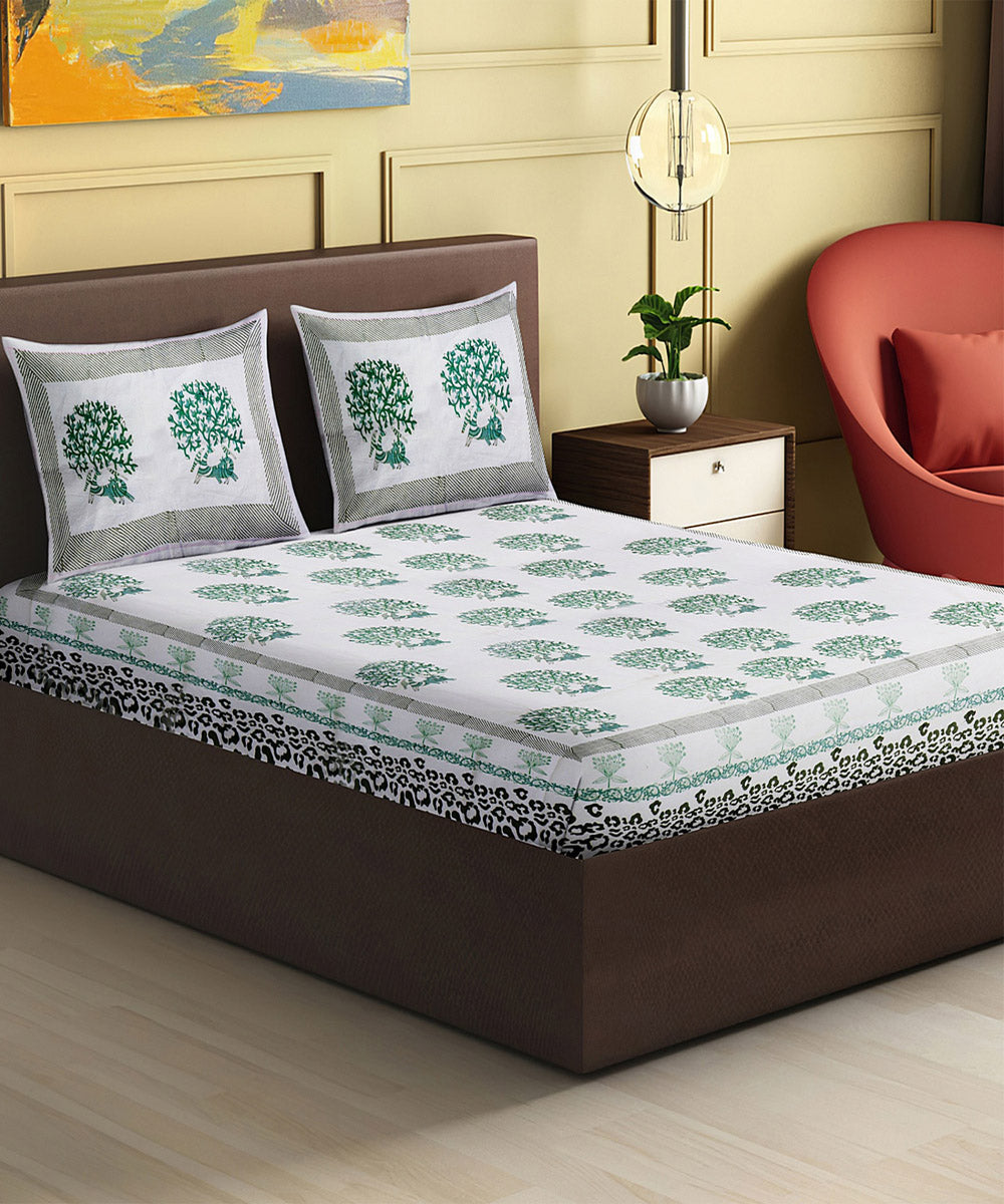 White light green hand block printed king size cotton double bedsheet