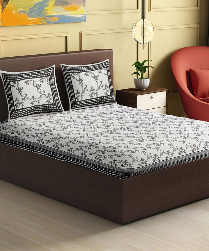 White black hand block printed king size cotton double bedsheet