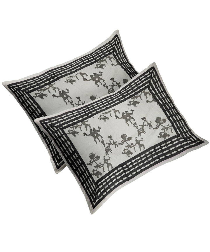 White black hand block printed king size cotton double bedsheet