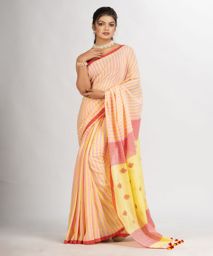 Pink yellow handwoven cotton stripes bengal saree