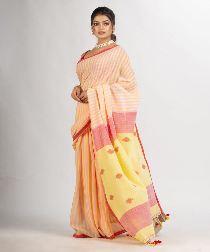Pink yellow handwoven cotton stripes bengal saree
