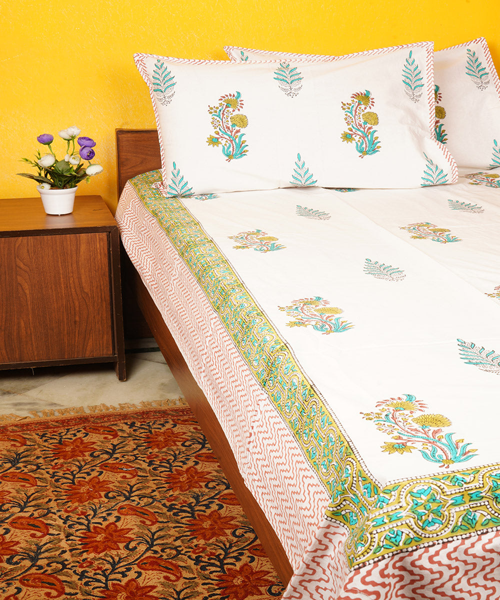 White base cotton hand block printed double bedsheet