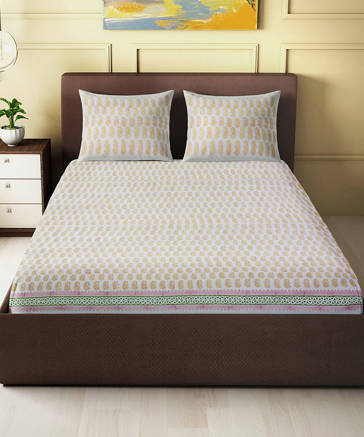 White yellow hand block printed king size cotton double bedsheet