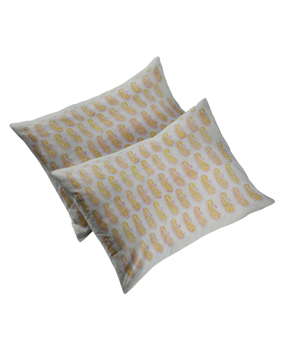 White yellow hand block printed king size cotton double bedsheet
