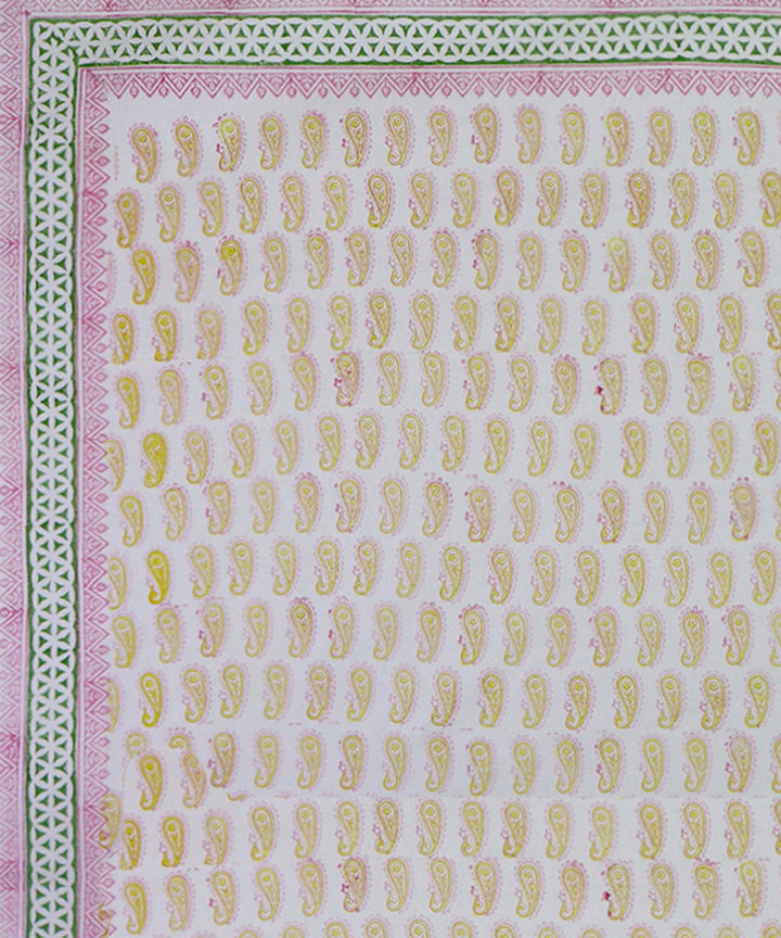 White yellow hand block printed king size cotton double bedsheet