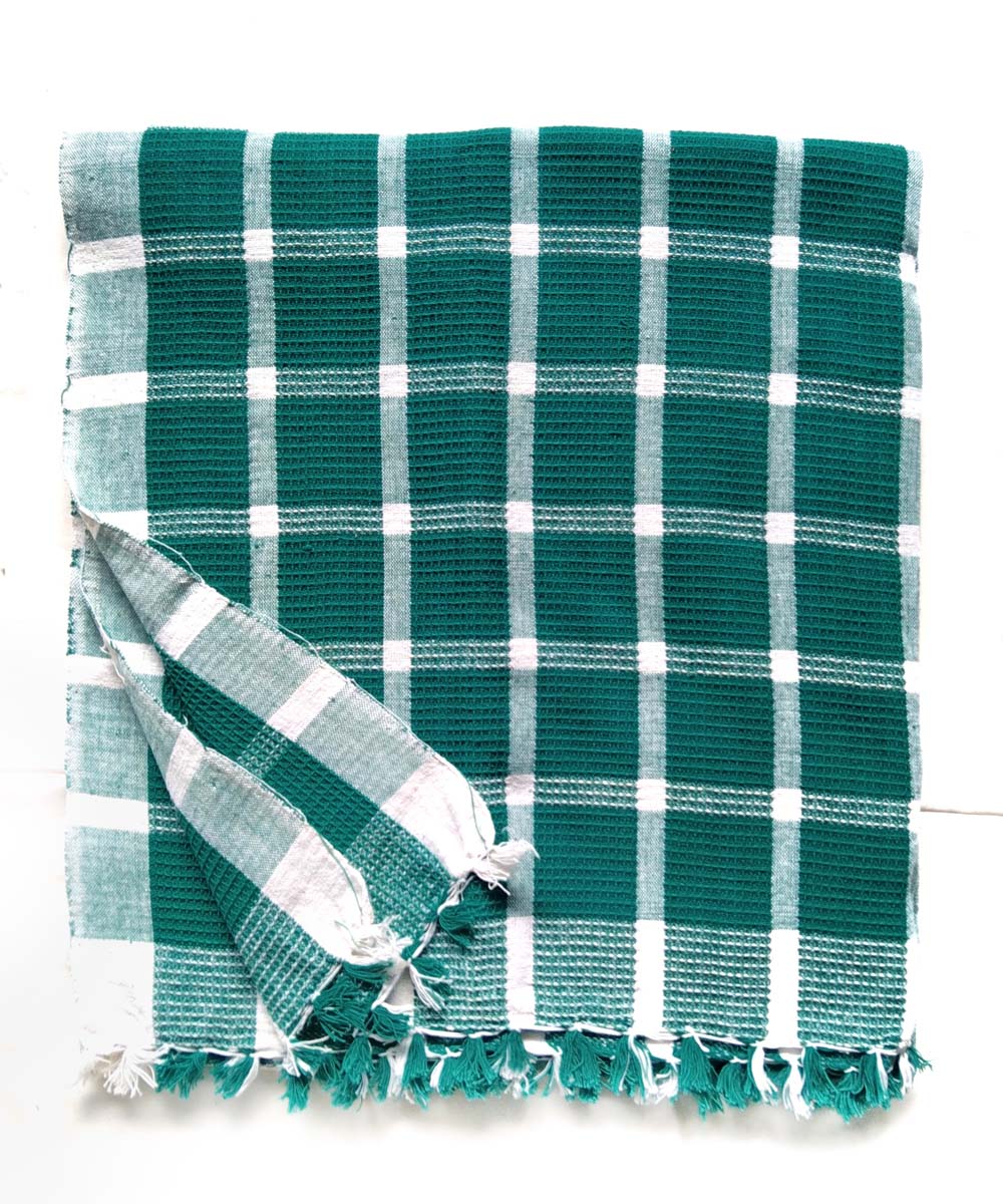 Dark green white check handwoven cotton towel
