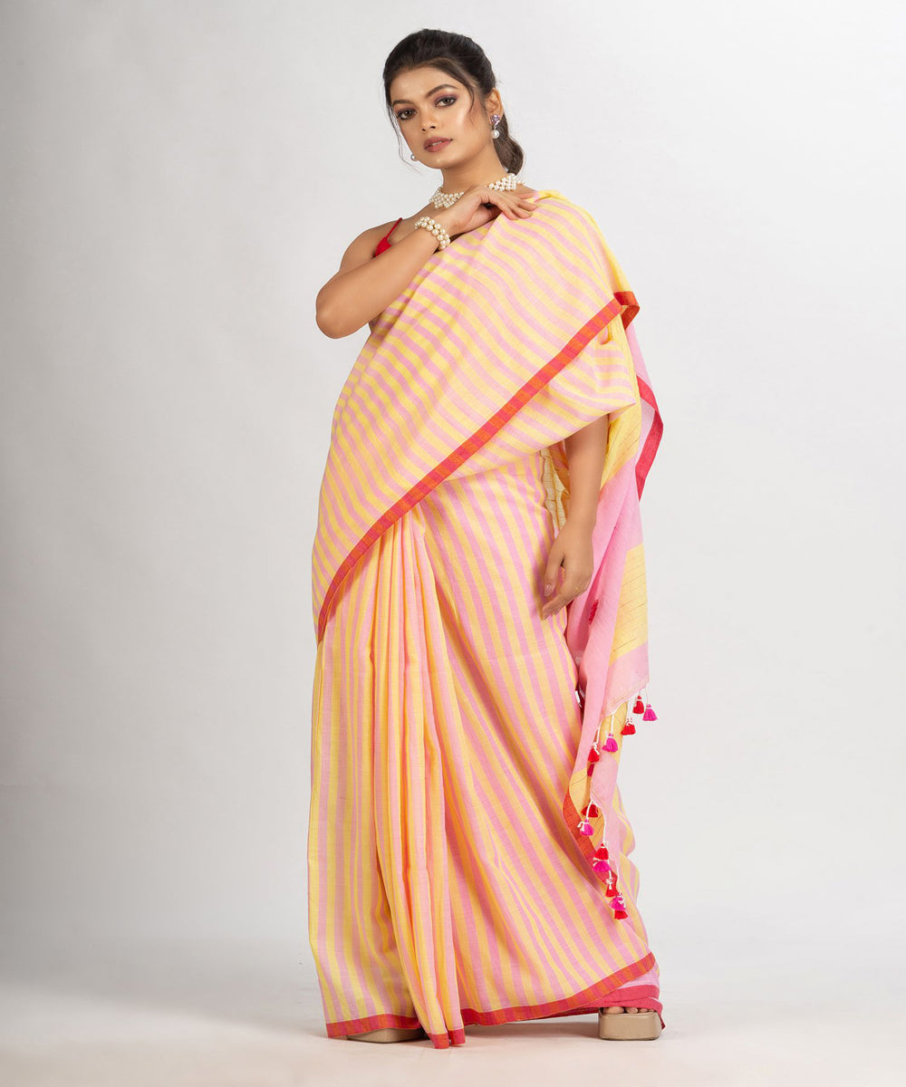 Pink yellow handloom cotton stripes bengal saree
