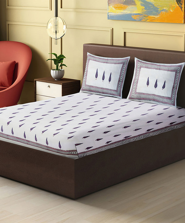 White brown handloom block printed king size cotton double bedsheet