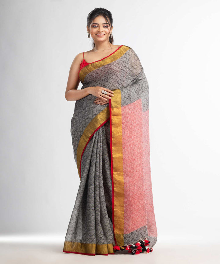 Grey red handwoven bengal linen saree