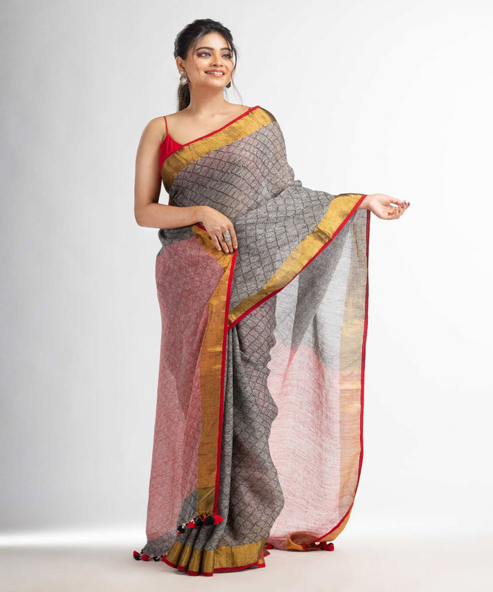 Grey red handwoven bengal linen saree