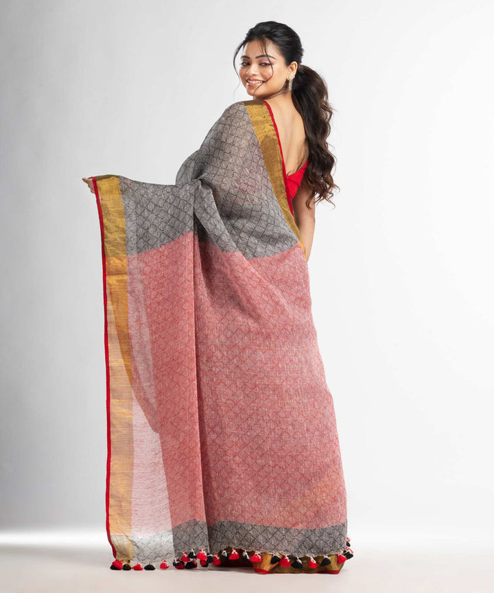 Grey red handwoven bengal linen saree