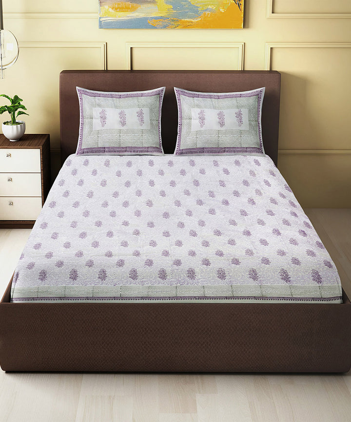 White purple hand block printed king size cotton double bedsheet
