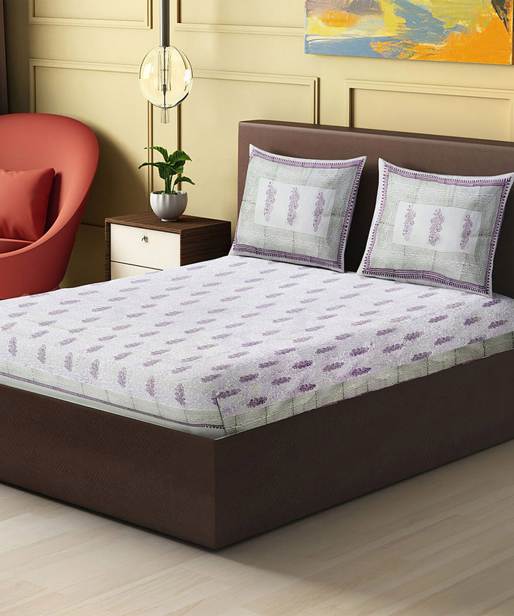 White purple hand block printed king size cotton double bedsheet