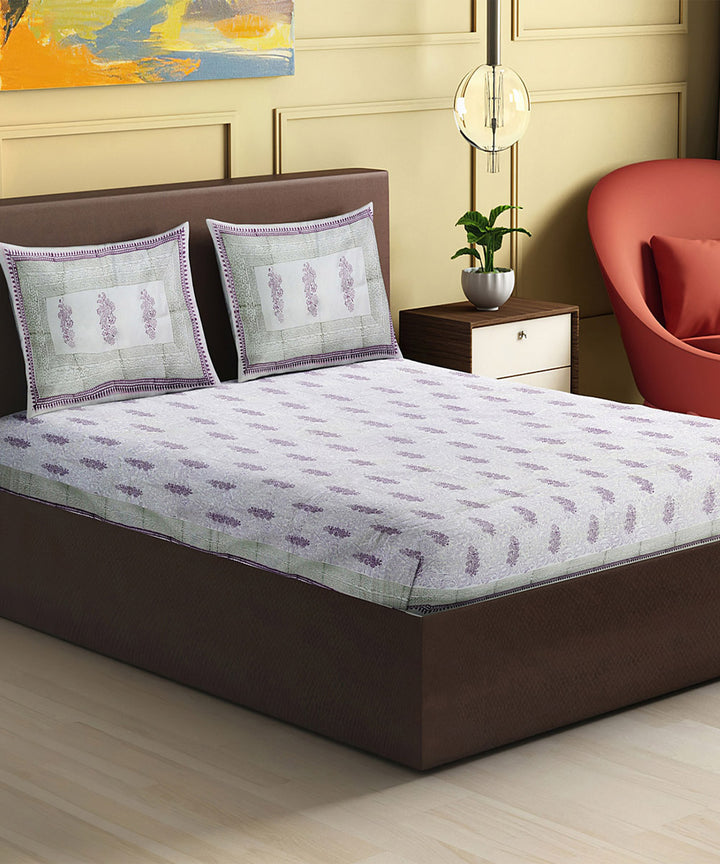 White purple hand block printed king size cotton double bedsheet
